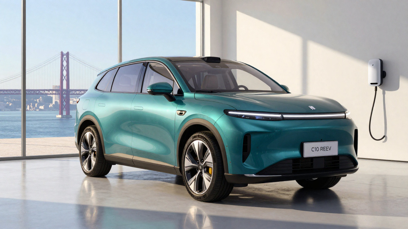 Voiture électrique verte garée dans un showroom avec une station de recharge murale et une vue sur un pont suspendu.