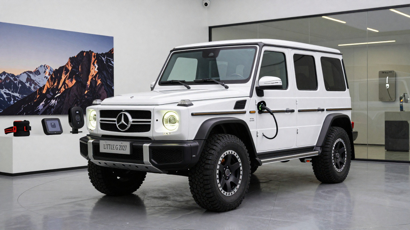 Mercedes-Benz G-Class électrique blanche en charge dans un showroom moderne avec montagnes en arrière-plan.