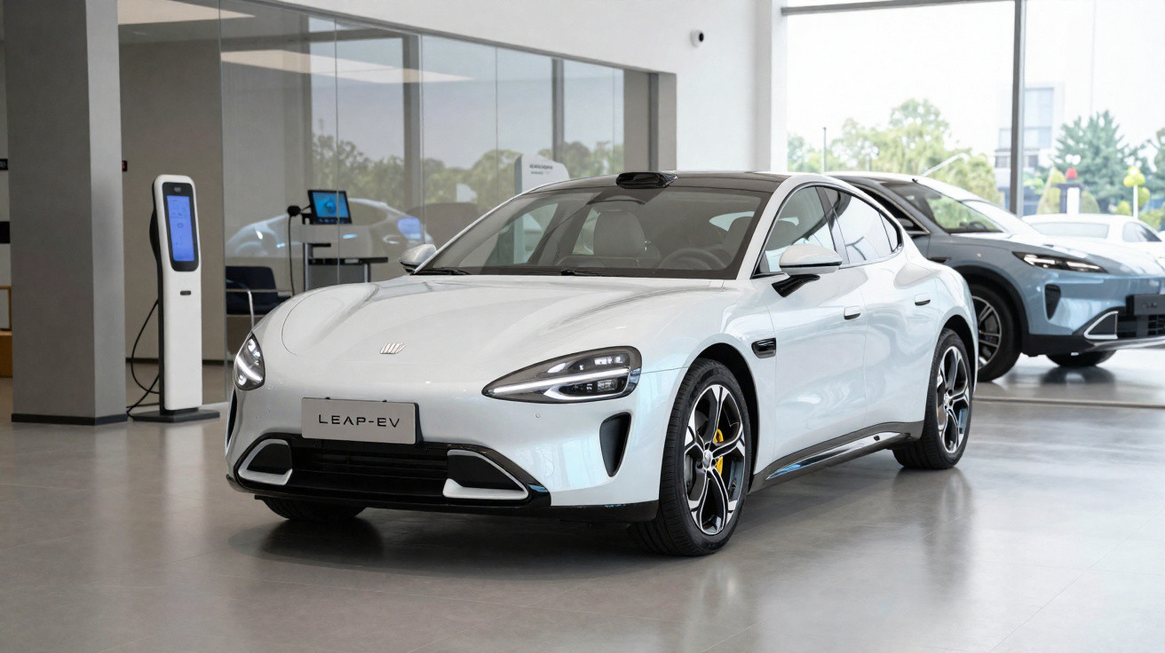 Voiture électrique blanche Leap EV stationnée dans un showroom moderne avec borne de recharge visible.