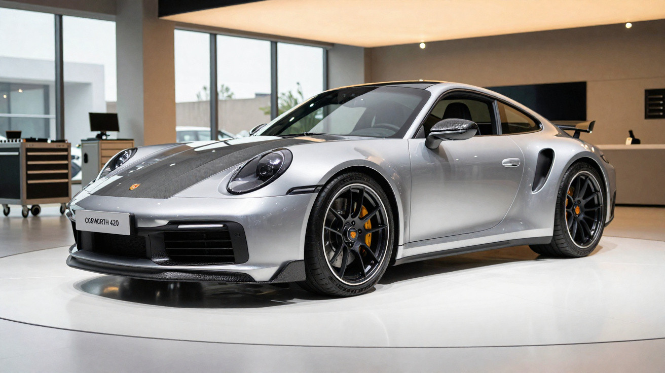Voiture de sport Porsche 911 Turbo S grise exposée sur un socle blanc dans un showroom moderne.