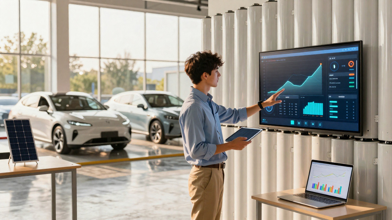 Homme analysant des données financières sur un écran tactile dans un espace moderne avec des voitures électriques et un panne