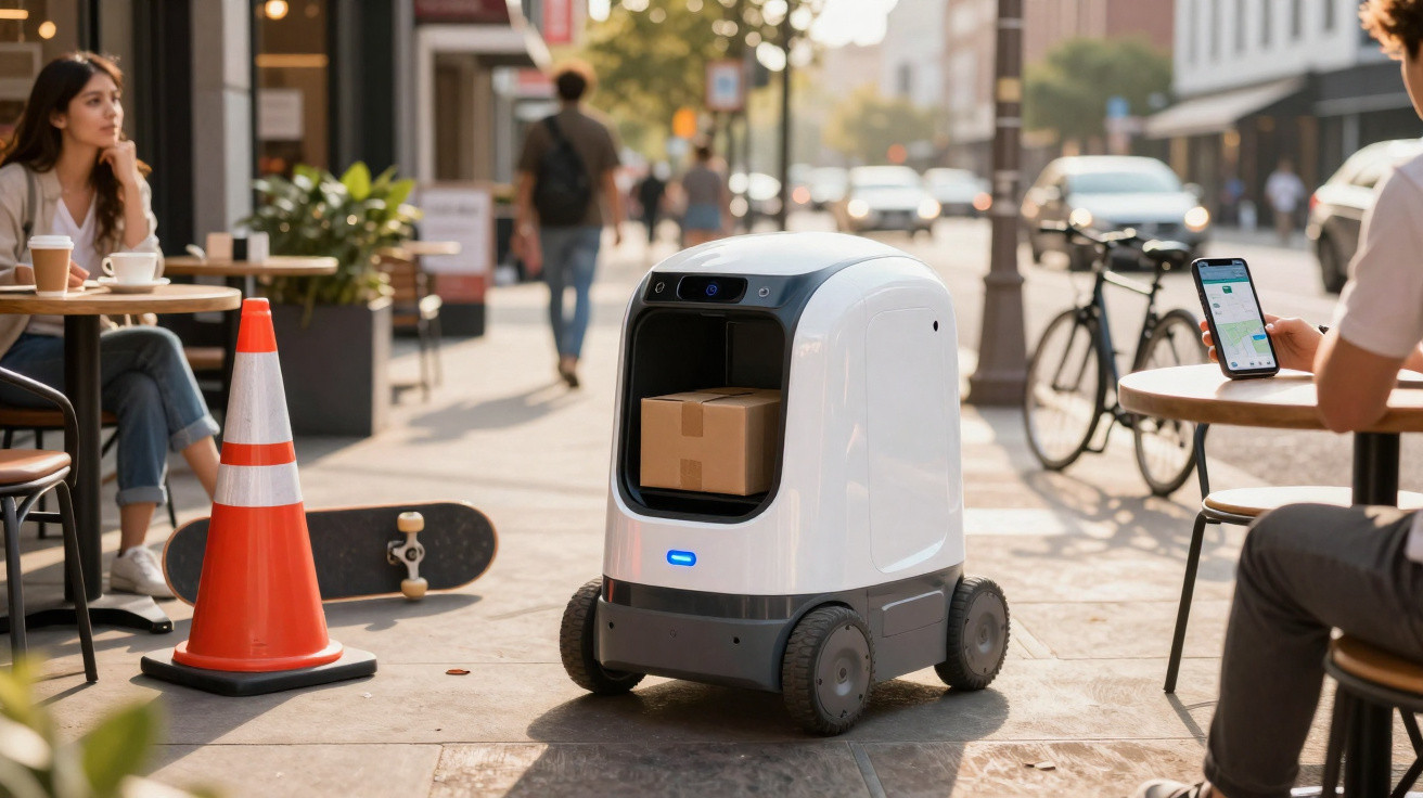 Robot de livraison autonome transportant un colis dans une rue animée avec des passants et des cyclistes.