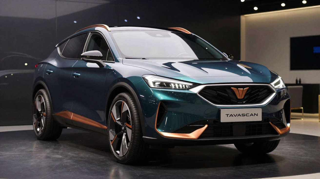 Voiture électrique Tavascan bleu métallisé avec détails cuivrés exposée en intérieur moderne.