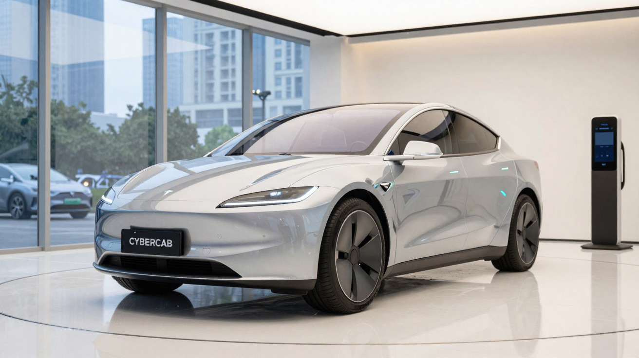 Voiture électrique futuriste gris argent exposée en showroom moderne avec borne de recharge à côté.