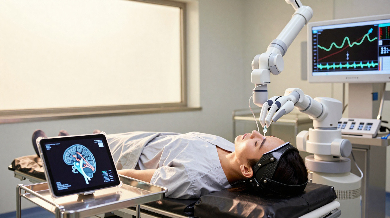 Patiente allongée subissant une intervention médicale robotisée sur la tête avec contrôle sur écran.