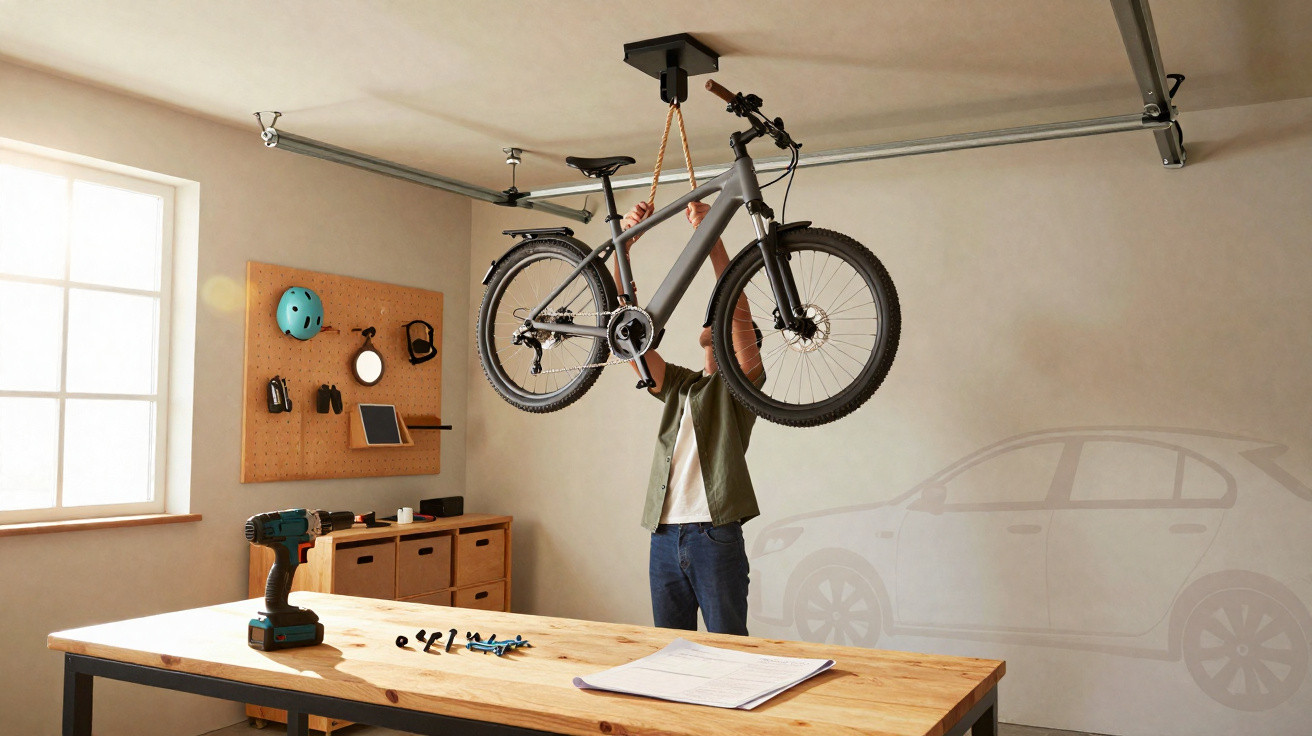 Personne suspend un vélo électrique au plafond d'un atelier lumineux avec outils et table en bois.