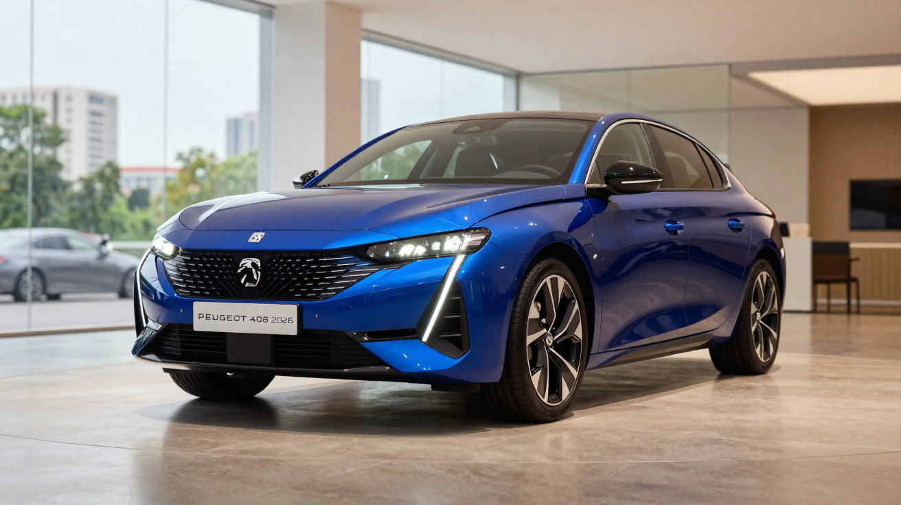 Voiture Peugeot 408 bleue 2022 exposée dans un showroom moderne avec grandes fenêtres.