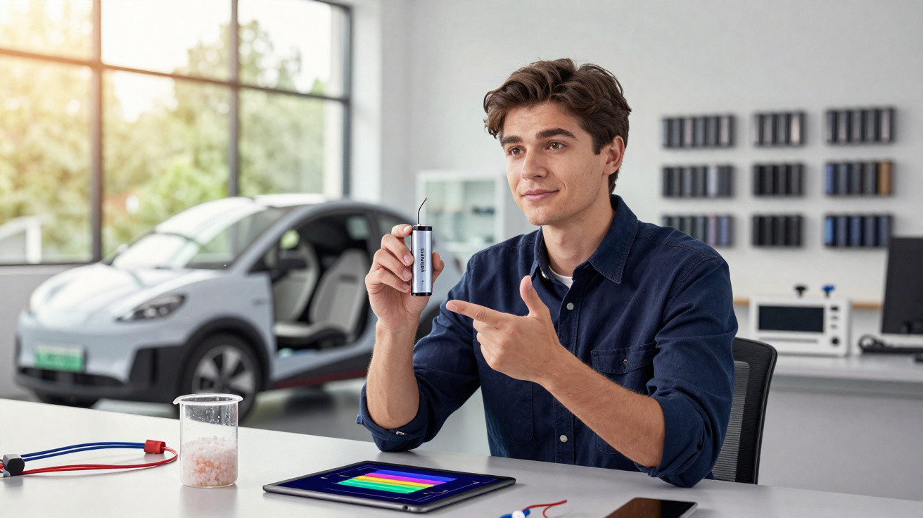 Jeune homme en chemise bleue présentant une batterie dans un laboratoire avec une voiture électrique en arrière-plan.