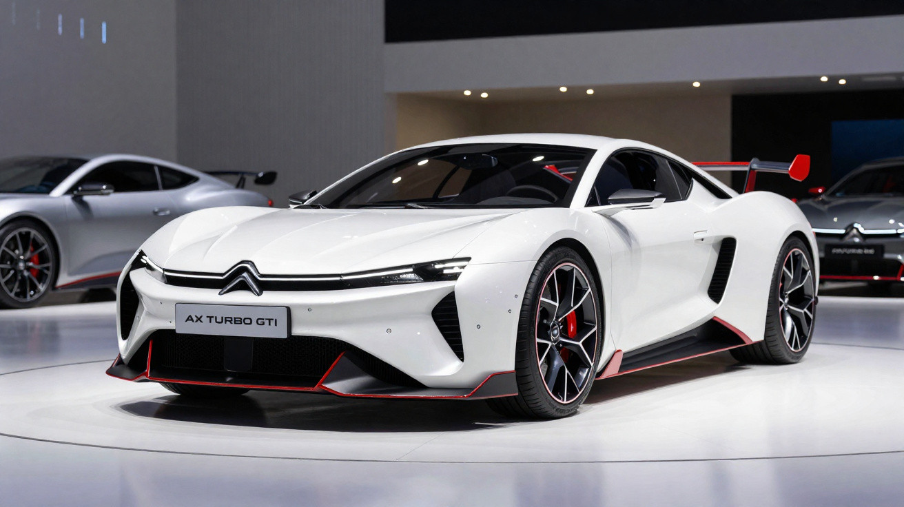 Voiture de sport blanche Citroën AX Turbo GTI exposée en intérieur avec aileron arrière rouge et jantes noires.
