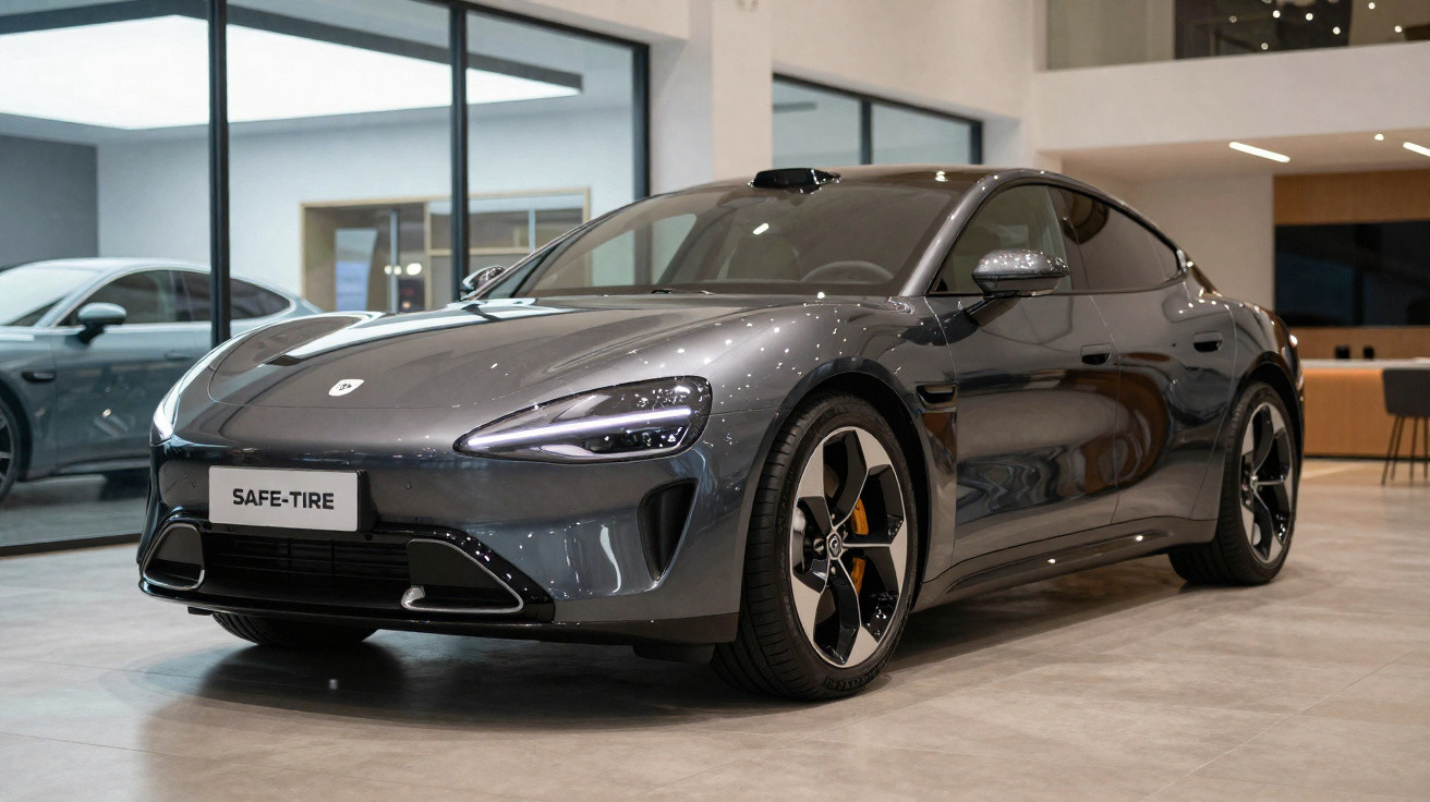 Voiture électrique grise brillant exposée dans un showroom moderne avec sol en carrelage.