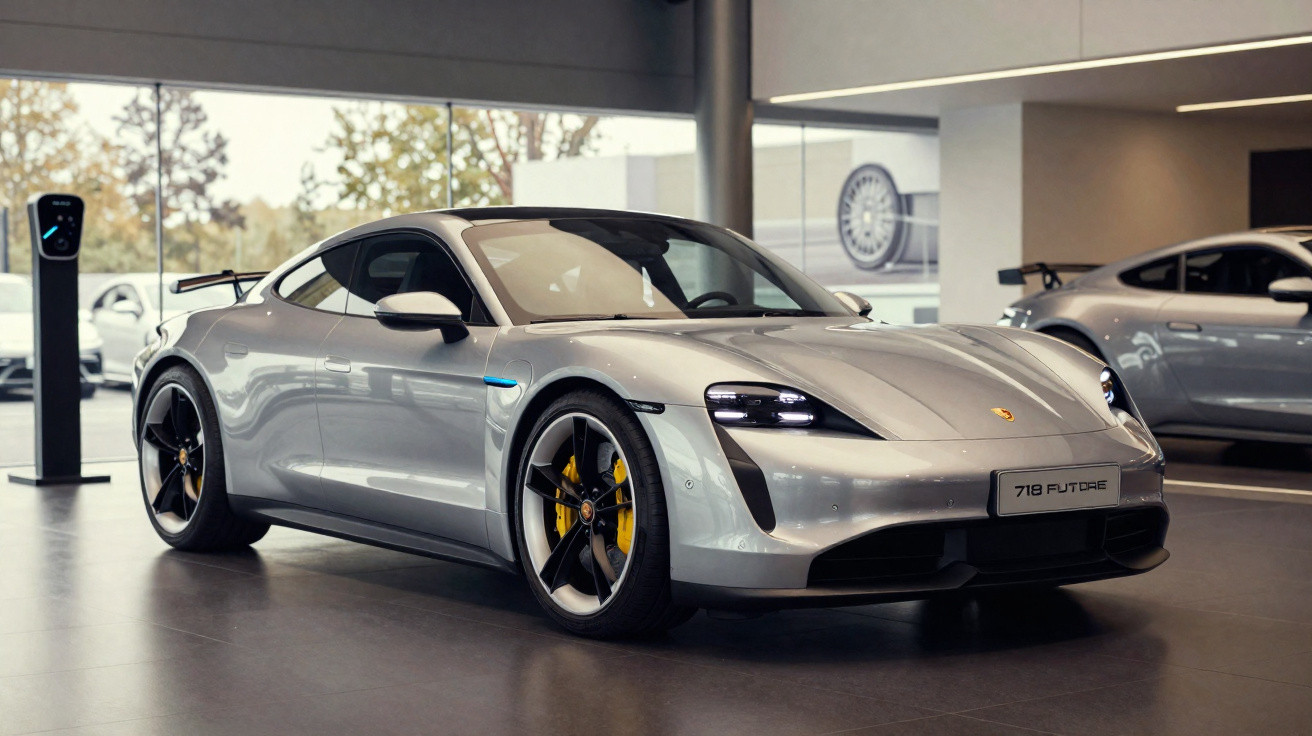 Voiture Porsche électrique grise exposée en showroom avec jantes noires et freins jaunes.