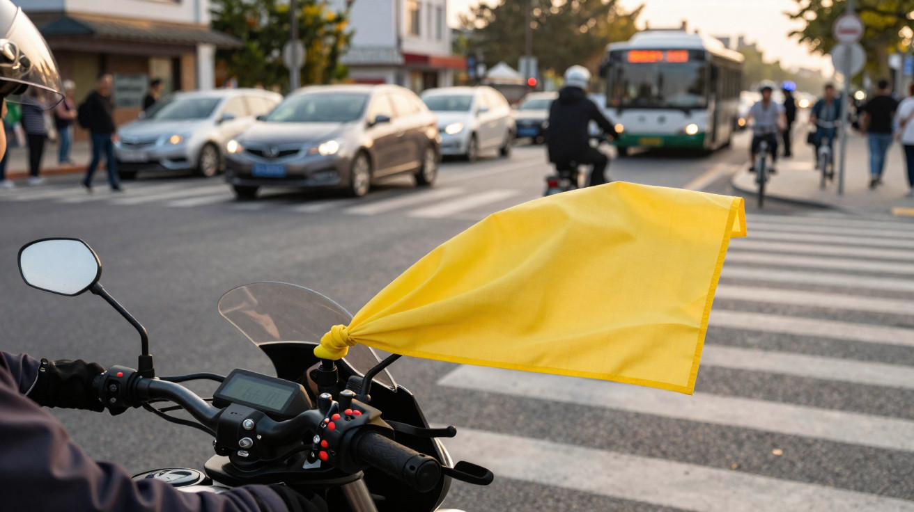 Moto avec un drapeau jaune en ville, circulation et piétons traversant un passage clouté au crépuscule.