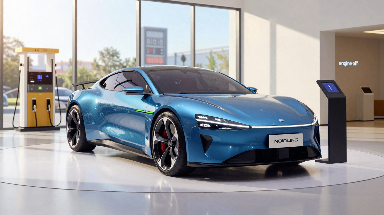Voiture de sport électrique bleue exposée dans un showroom moderne avec station de recharge visible.