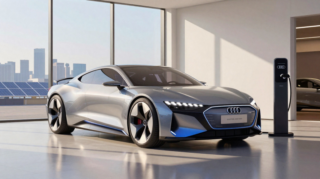 Voiture électrique Audi sportive grise rechargée dans un showroom avec vue sur la ville et des panneaux solaires.