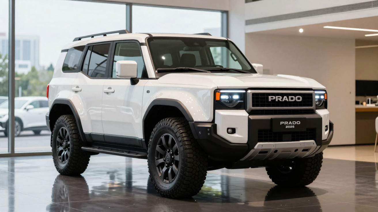 SUV blanc Toyota Prado 2024 exposé en intérieur avec grosses roues et design robuste.