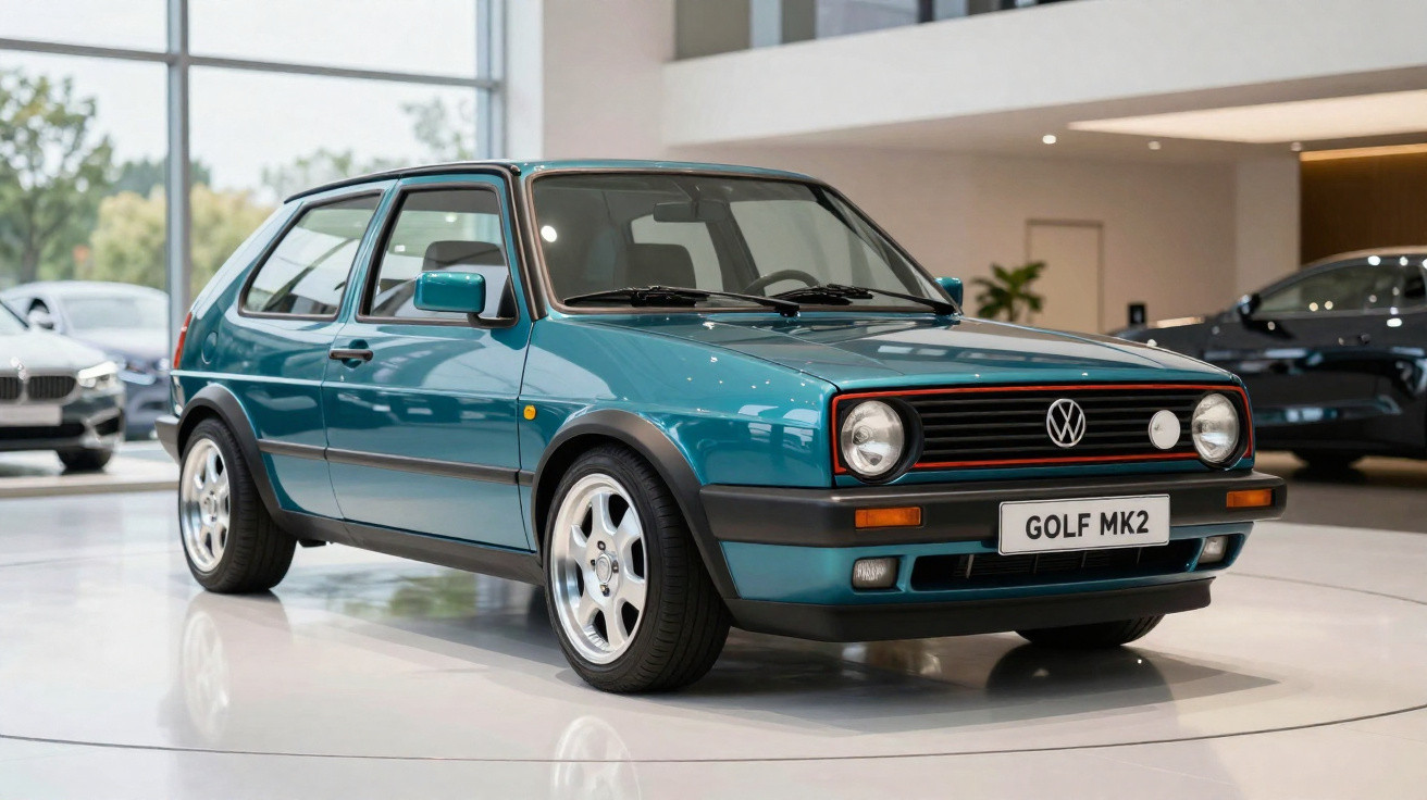 Voiture Volkswagen Golf MK2 bleu métallique exposée dans un showroom moderne lumineux.