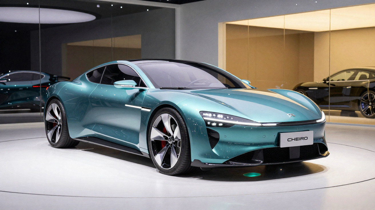Voiture électrique sportive bleu métallisé exposée dans une galerie avec éclairage moderne et miroir en arrière-plan.