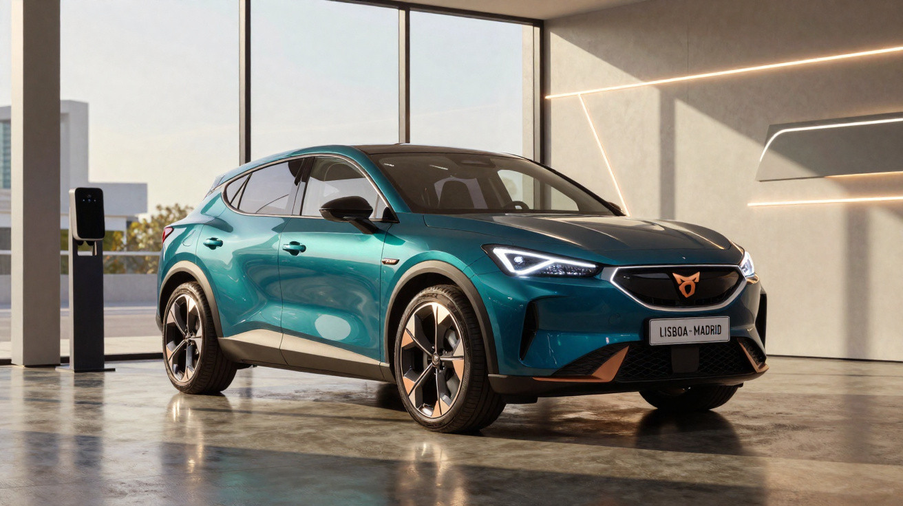 Véhicule électrique bleu turquoise stationné dans un garage moderne avec bornes de recharge.