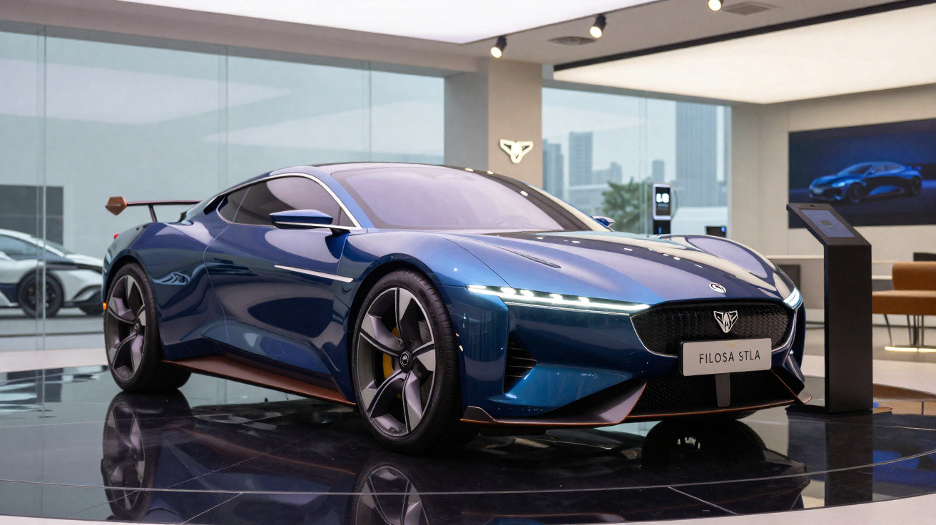 Voiture sportive électrique bleue filosa stla exposée dans un showroom moderne avec vitres et écran numérique.