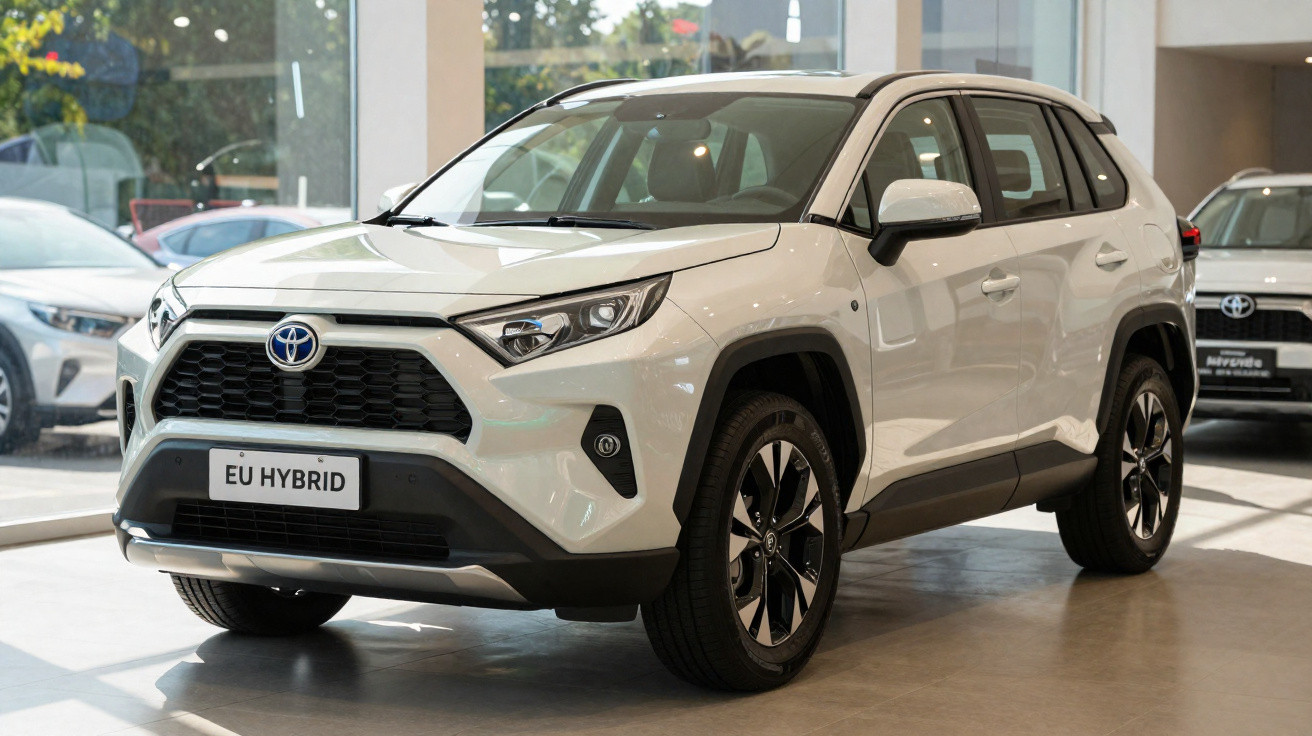 SUV Toyota RAV4 hybride blanc exposé dans un showroom avec lumière naturelle.