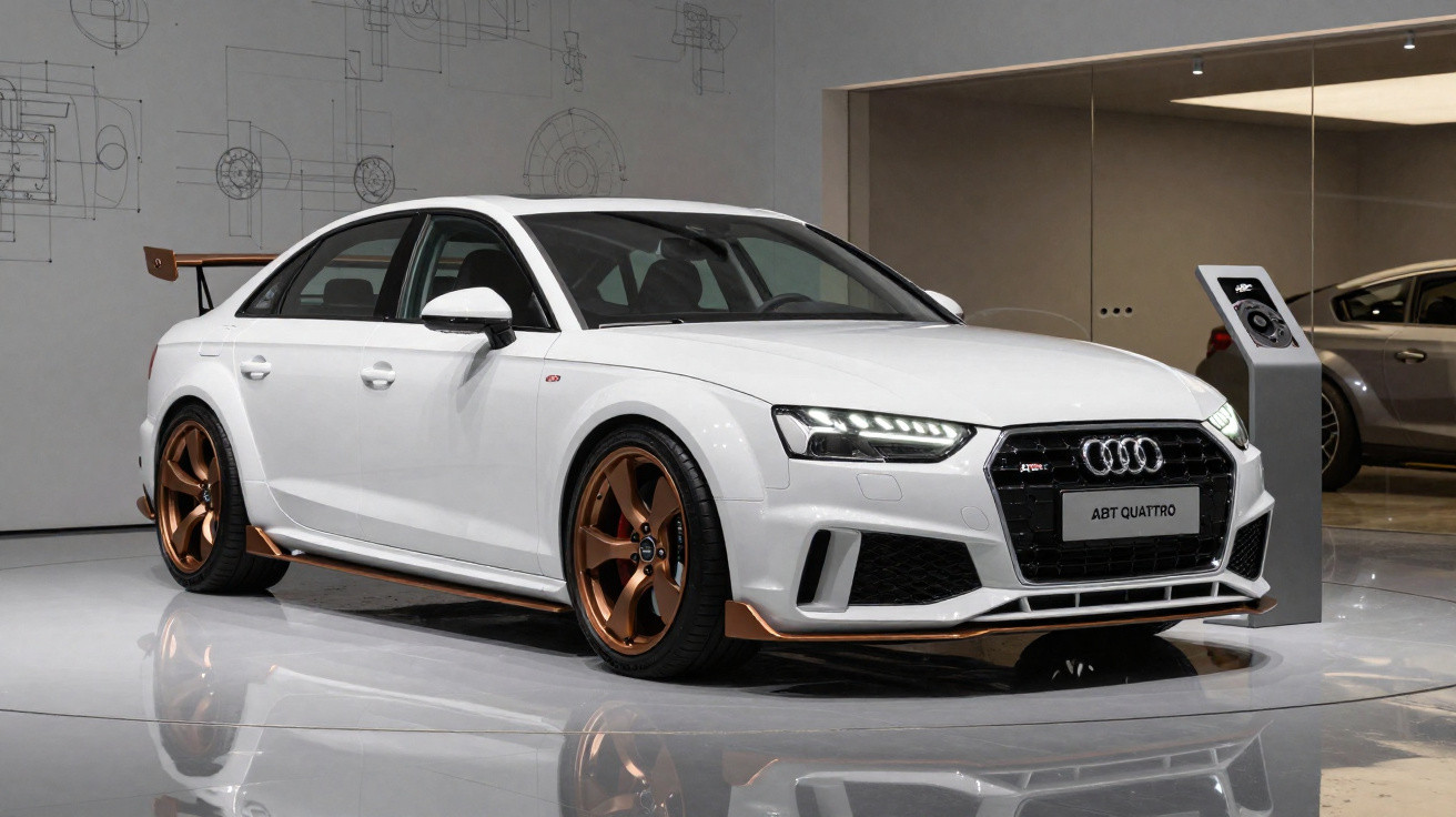 Audi ABT Quattro blanc avec jantes bronze exposée dans un showroom moderne.