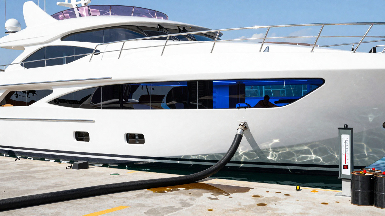 Yacht blanc moderne amarré au quai avec un tuyau de carburant noir connecté sur un fond de ciel bleu.