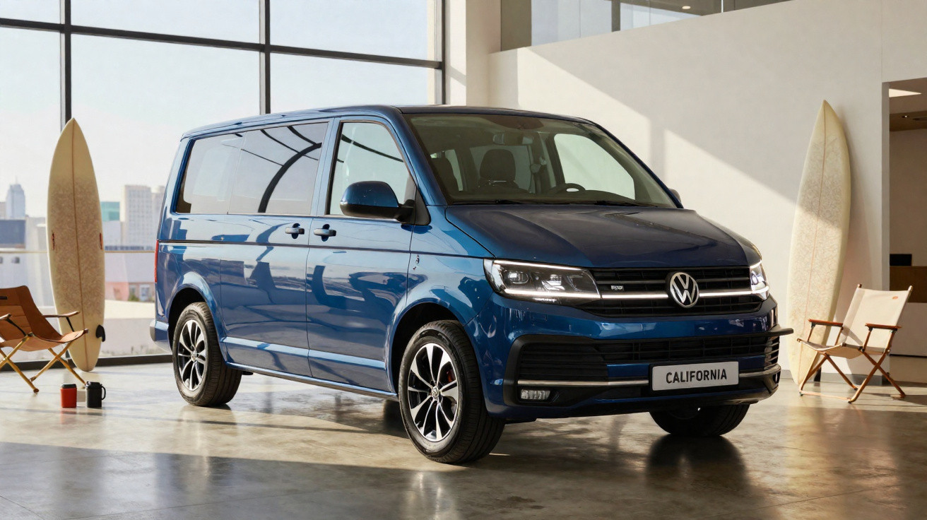 Fourgon Volkswagen California bleu stationné dans un garage avec planches de surf et chaises pliantes.
