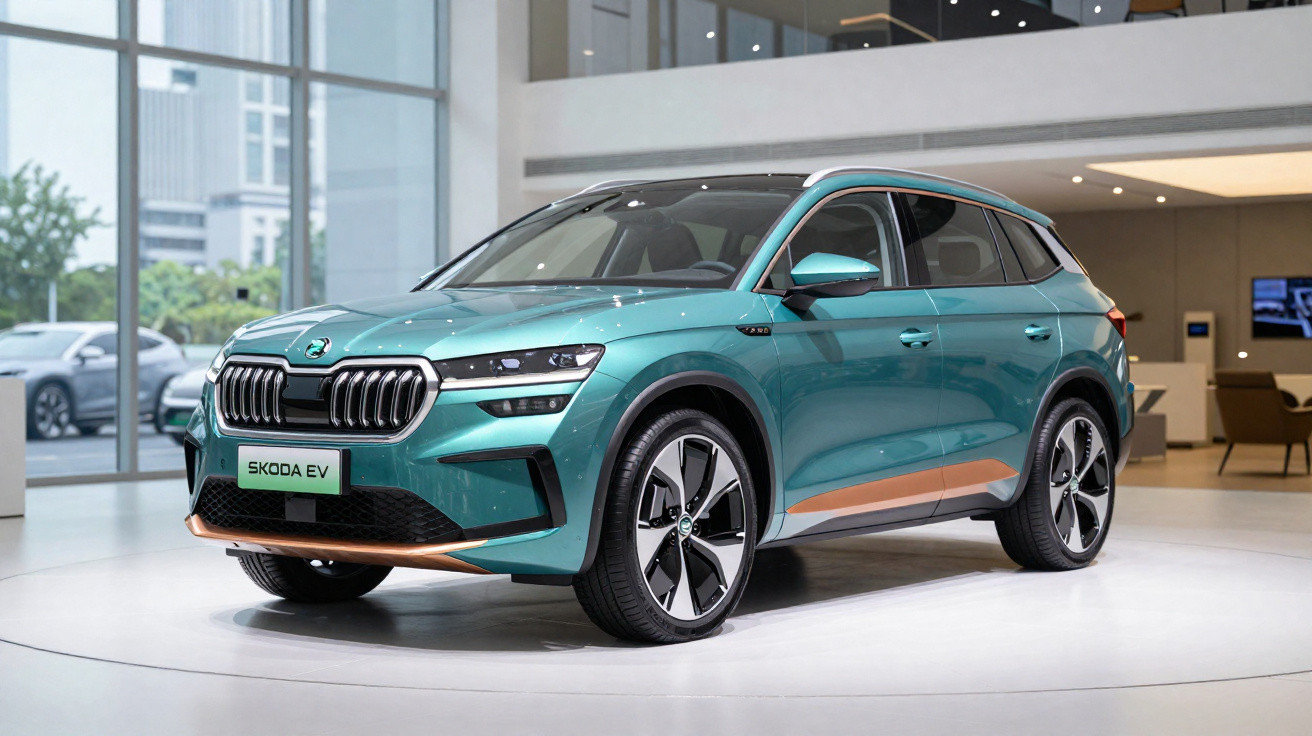 Voiture électrique Skoda EV vert turquoise exposée dans un showroom moderne lumineux.