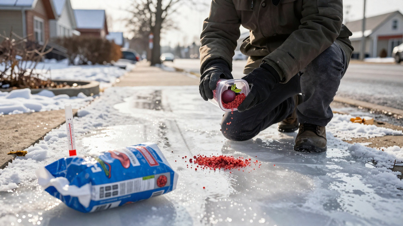 Personne répandant des granules rouges sur une route glacée enneigée dans un quartier résidentiel.