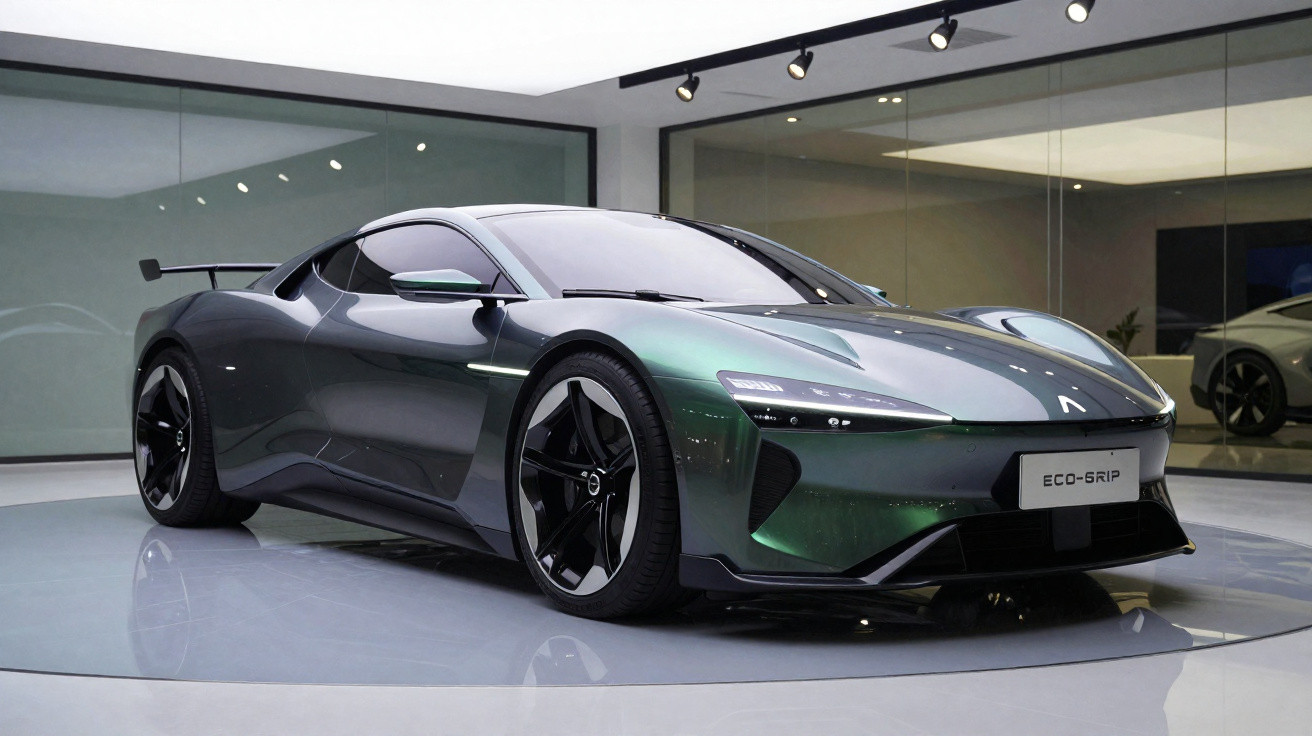 Voiture de sport électrique grise verte brillante exposée dans un showroom moderne et lumineux.