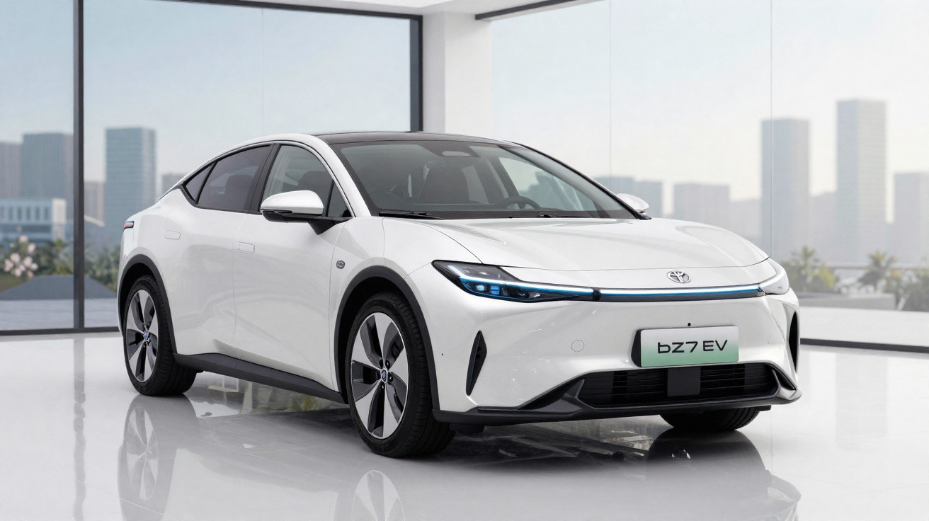 Voiture électrique blanche Toyota bZ7 EV dans un showroom lumineux avec vue urbaine en arrière-plan.