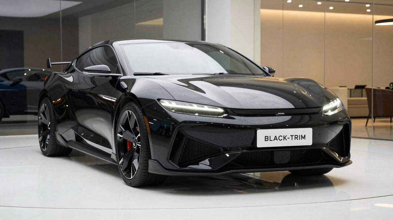 Voiture sportive noire brillante stationnée dans un showroom moderne avec éclairage intérieur chaleureux.