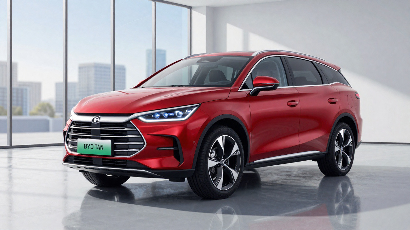 SUV électrique rouge BYD TAN garé dans un showroom lumineux avec de grandes fenêtres et un sol brillant.