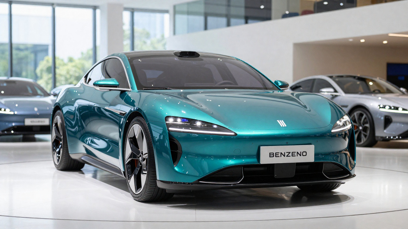 Voiture électrique sportive bleue métallisée avec phares avant allumés dans un showroom moderne.