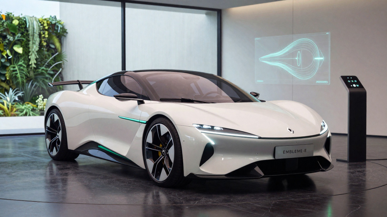 Voiture sportive électrique blanche design futuriste exposée dans une salle avec hologramme et mur végétal.