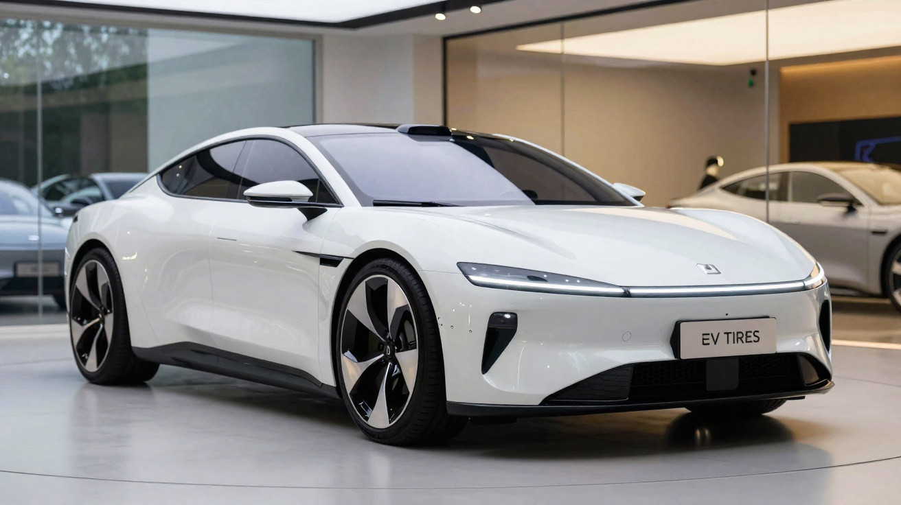 Voiture électrique sportive blanche au design futuriste exposée dans un showroom moderne.