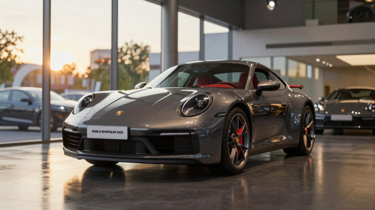 Voiture de sport Porsche grise exposée dans un showroom moderne avec sol en béton et grandes fenêtres.