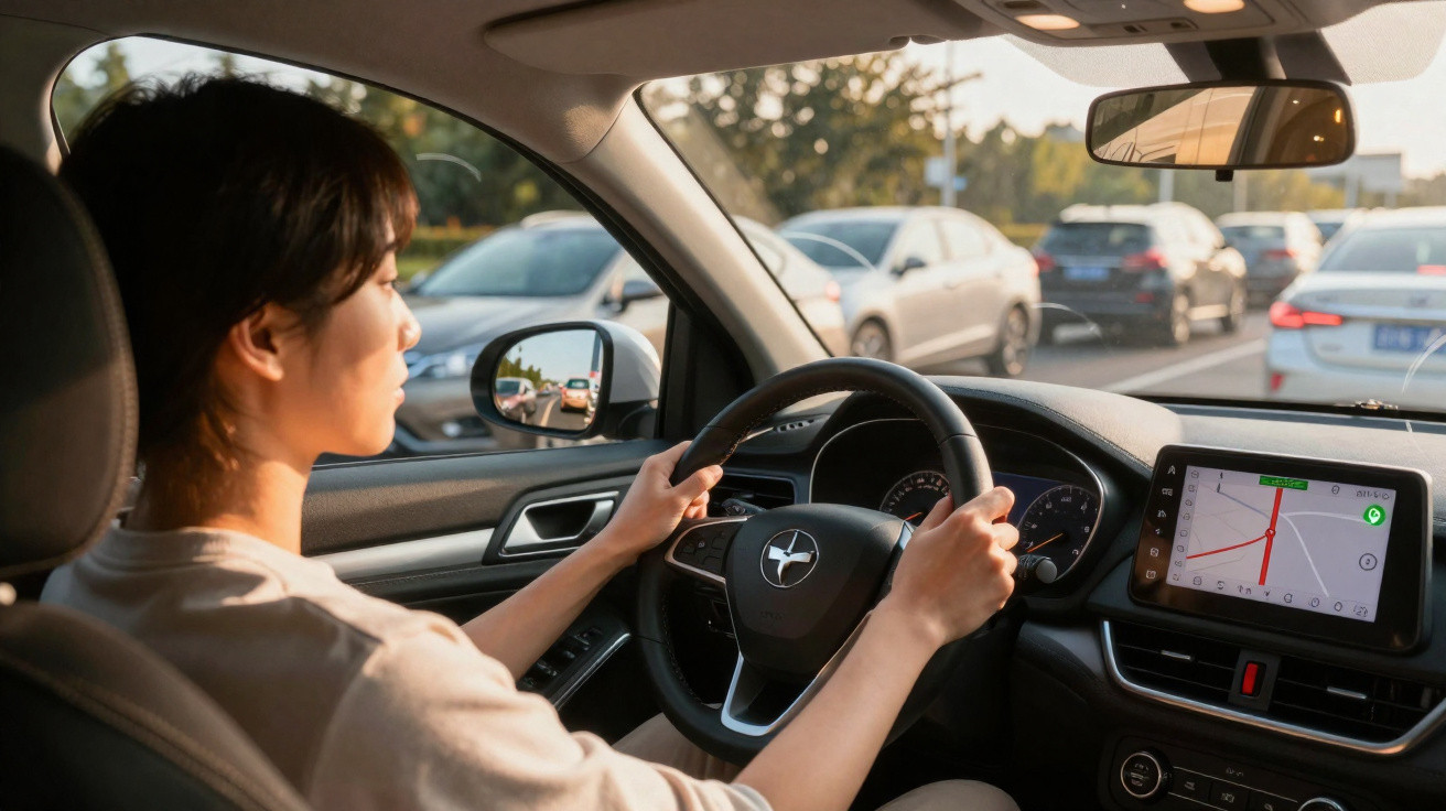 Conductrice concentrée tenant le volant, avec GPS affiché, dans un embouteillage en fin d'après-midi.