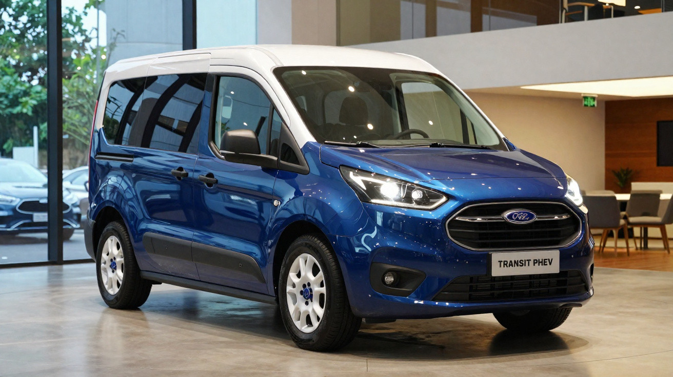 Ford Transit PHEV bleue et blanche garée à l'intérieur d'un showroom moderne avec baies vitrées.