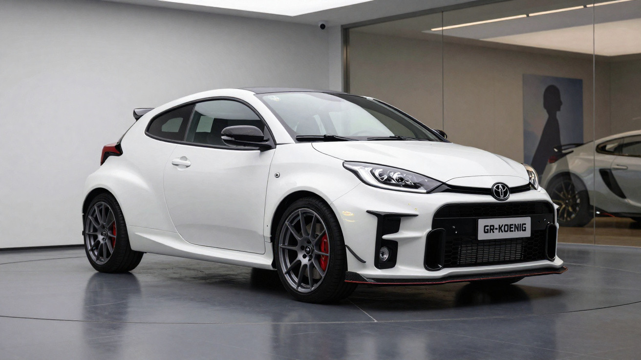 Voiture de sport compacte blanche Toyota GR-Koenig exposée dans un showroom moderne et lumineux.