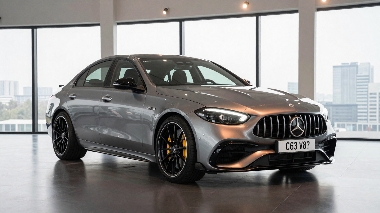 Voiture sportive grise Mercedes-Benz C63 AMG garée dans un showroom moderne avec grandes fenêtres.