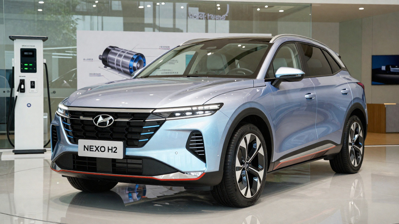 Hyundai Nexo H2 gris clair exposée dans un showroom avec station de recharge visible à gauche.