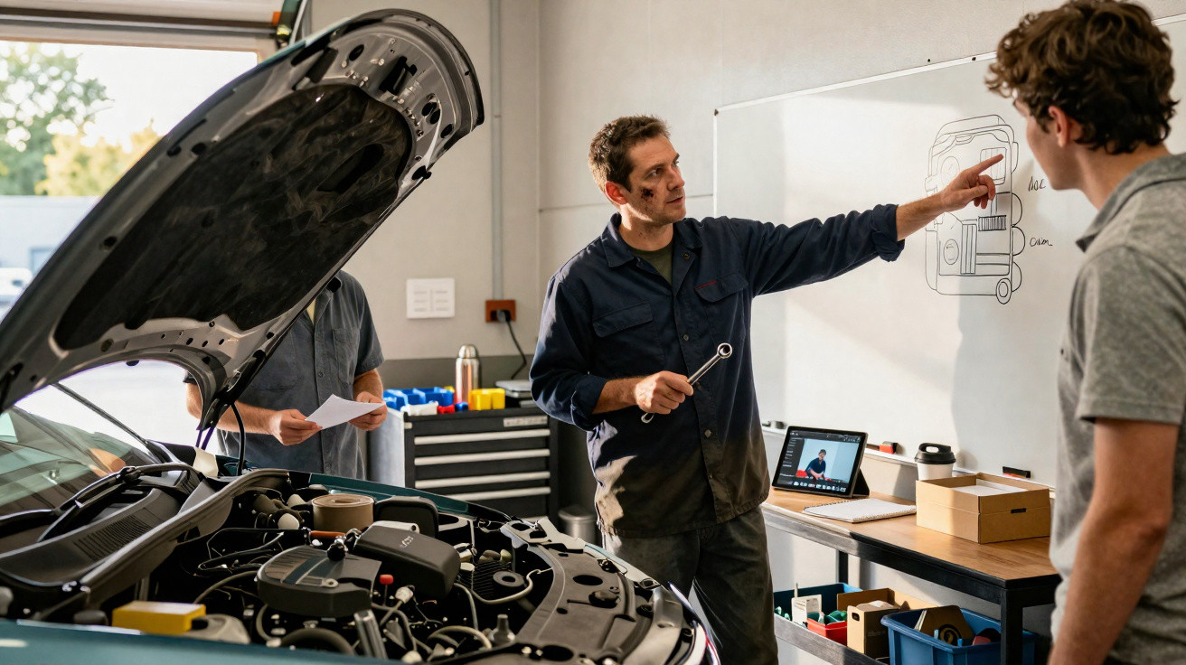 Un instructeur explique à deux étudiants un schéma de moteur sur un tableau blanc dans un atelier automobile.
