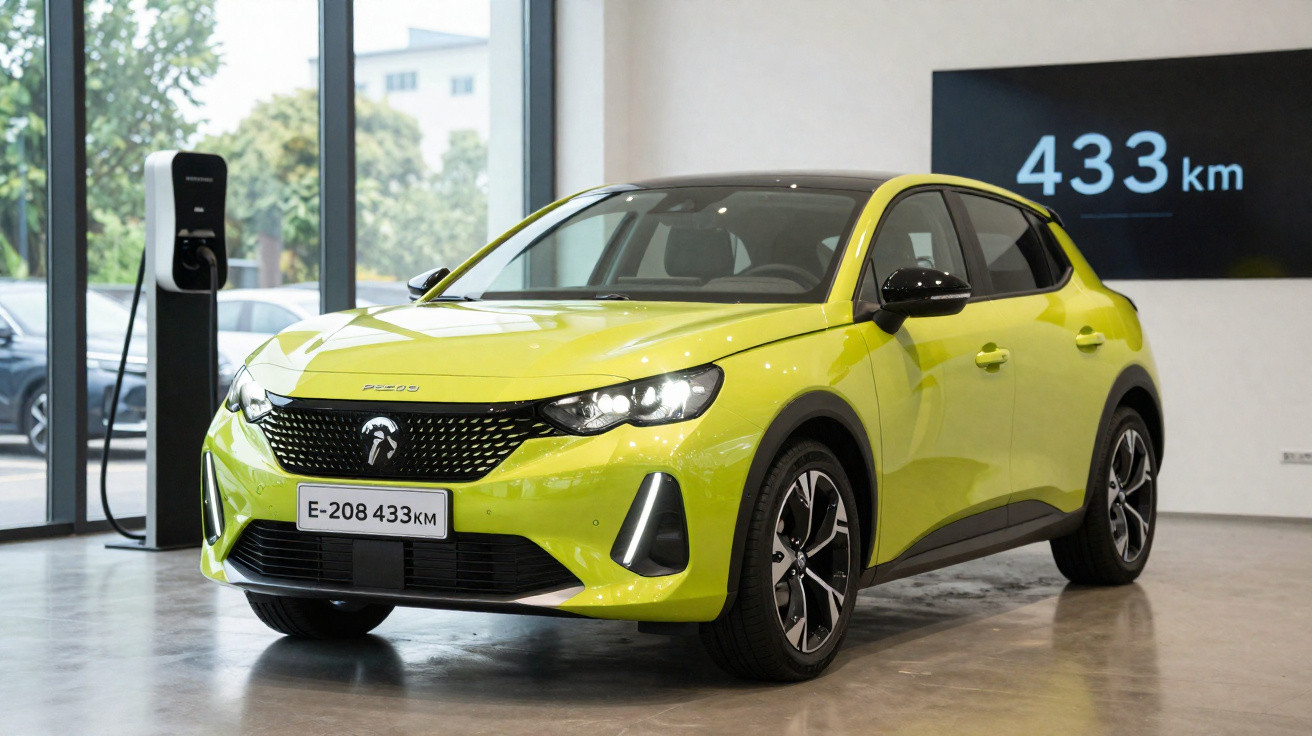 Voiture électrique compacte jaune en exposition avec borne de recharge et autonomie de 433 km affichée.
