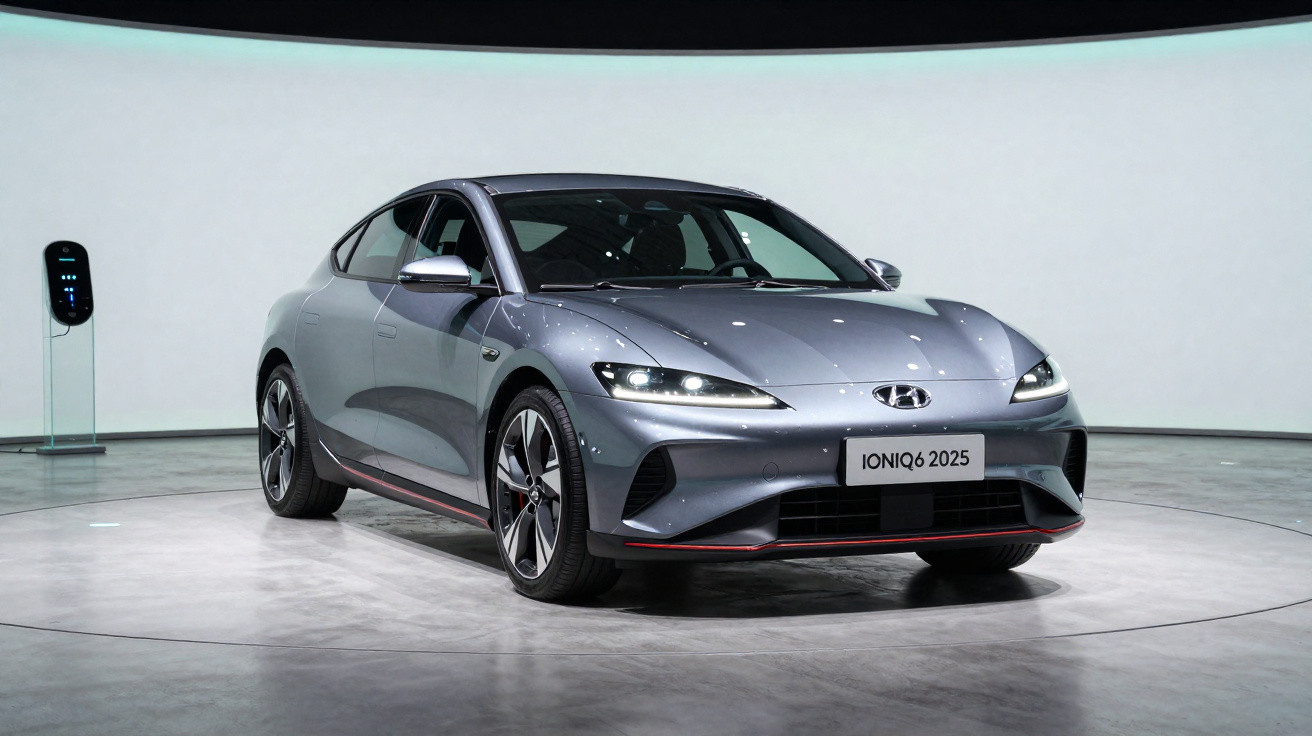 Voiture électrique Hyundai Ioniq 6 2025 grise exposée dans un espace d'exposition moderne et minimaliste.