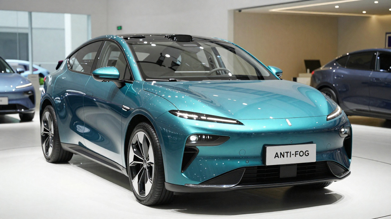Voiture électrique sportive turquoise exposée dans un showroom moderne avec éclairage intérieur.