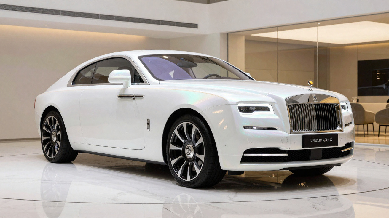 Voiture de luxe blanche Rolls-Royce Venum Apollo exposée dans un showroom moderne au sol brillant.