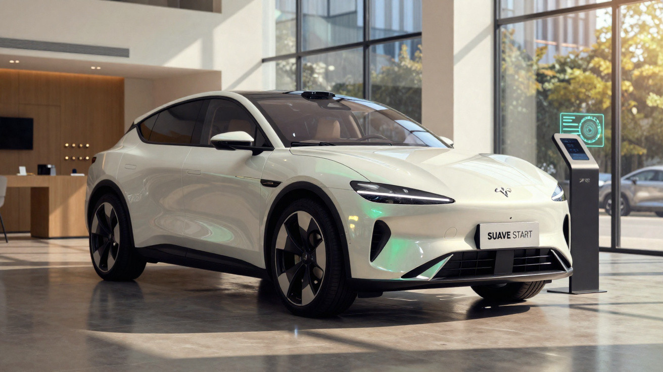 Voiture électrique blanche moderne exposée dans un showroom lumineux avec écran de contrôle à côté.