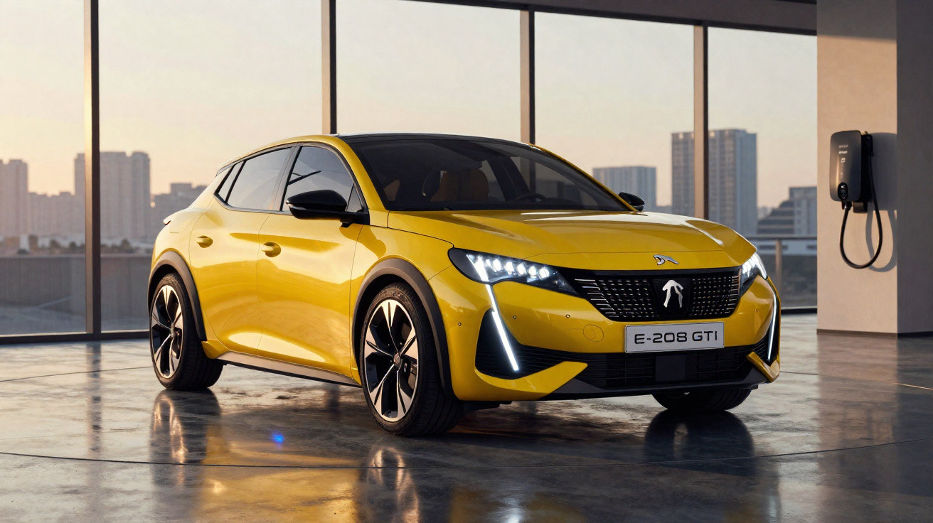 Voiture électrique jaune Peugeot E-208 GTi garée dans un garage lumineux avec grandes fenêtres et chargeur mural.