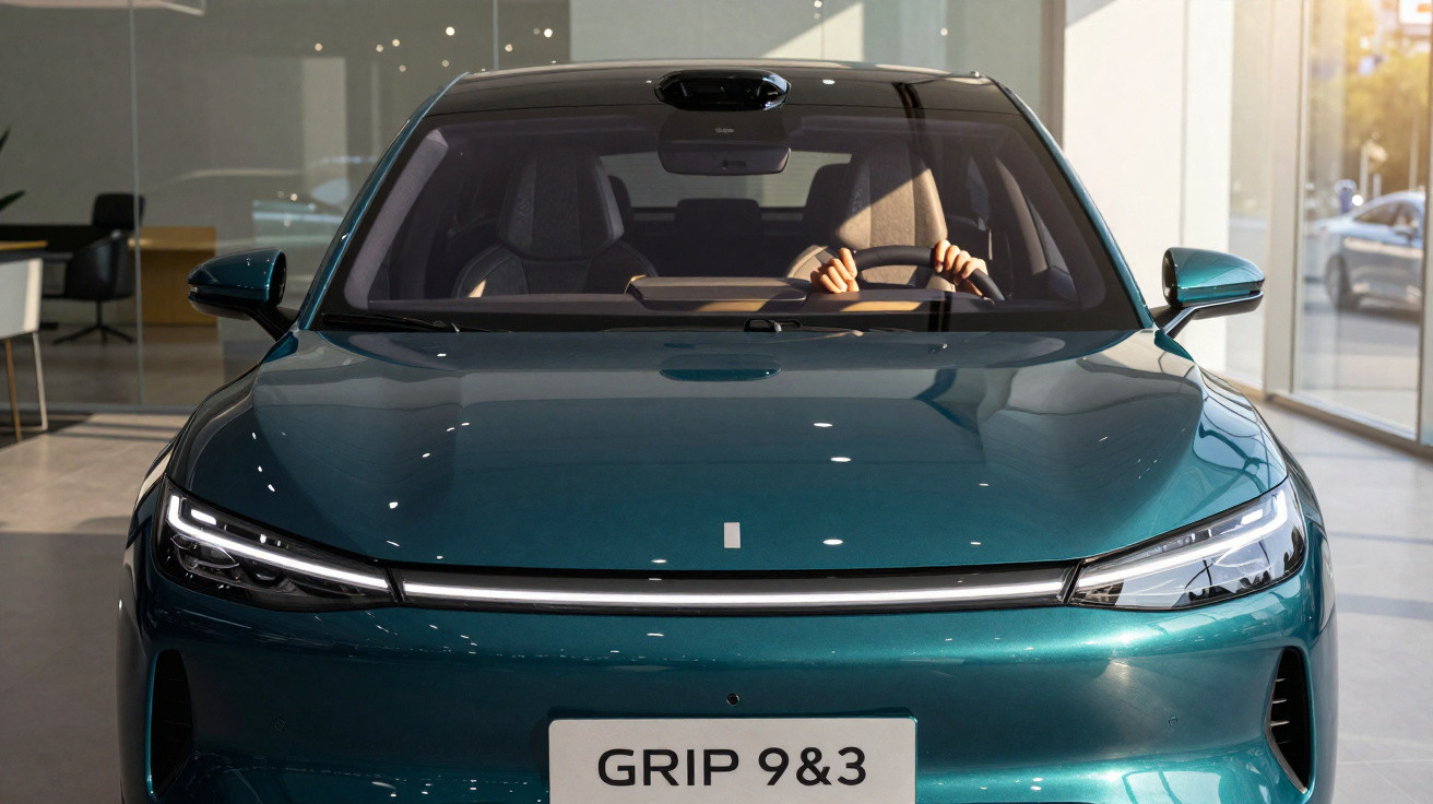 Vue avant d'une voiture électrique verte avec plaque d'immatriculation "GRIP 9&3" dans un showroom lumineux.